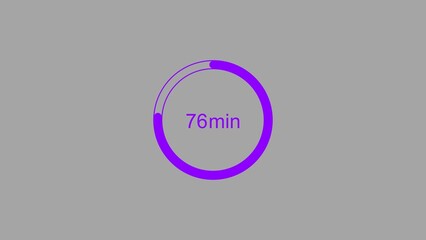 76 minutes, digital countdown timer purple color 4k illustration. Light gray background 4k illustration.