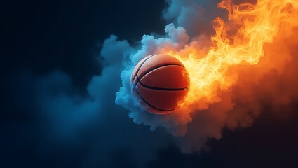 Fiery basketball soaring through smoke intense game action dynamic visuals blue and orange flames