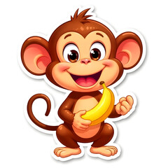 Obraz premium Cute Cartoon Monkey Holding Banana and Smiling Isolated on White Background