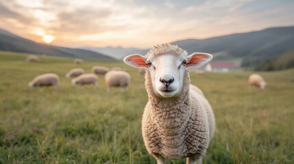 Obraz premium A curious sheep stands in sharp focus on a green pasture at sunset, with a peaceful herd grazing in the background amid rolling hills.