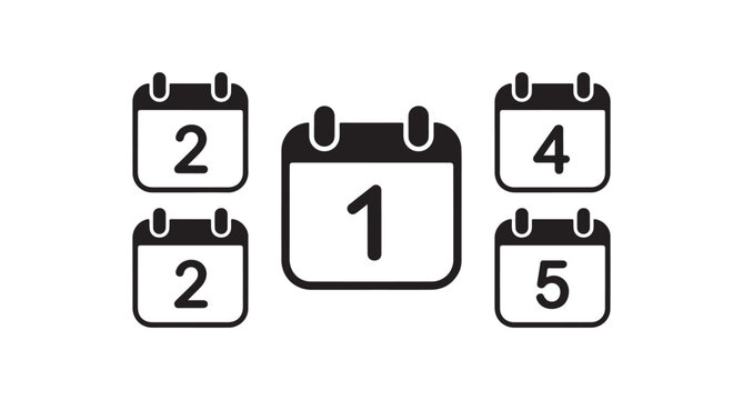 Simple Black and White Calendar Icons Showing Dates 1 to 5