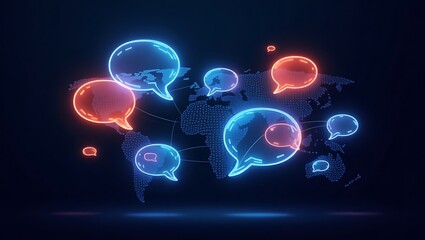 Global communication network vibrant glowing speech bubbles connect across a world map in neon blue