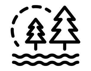 Icon of a forest landscape with trees water and sun symbolizing natural environment or wilderness.