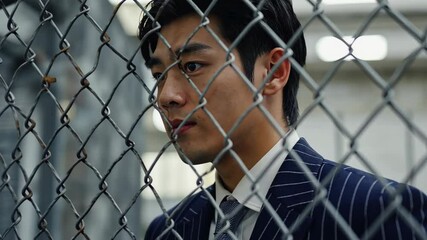 Pensive Asian Man Behind Chain Link Fence Looking Outward, Wearing Suit and Tie - Powered by Adobe