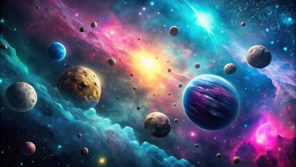Fototapeta premium A vibrant cosmic landscape showcasing a breathtaking array of celestial bodies, nebulae, and cosmic dust, painted in a spectrum of vivid colors