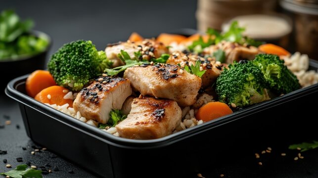 A stylish black meal box filled with grilled chicken, broccoli, and carrots, showcasing a healthy, visually appealing dish ideal for fitness enthusiasts and meal prep lovers.