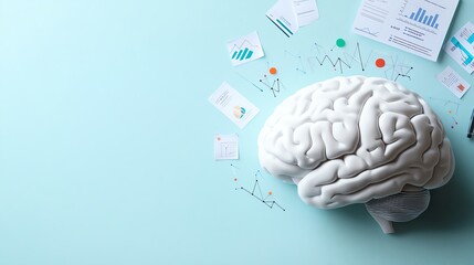 Papercut style brain with business charts, minimal modern design concept