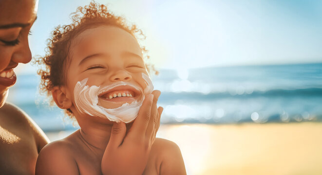 Mother applying sunscreen on smiling child at beach during sunny day, ensuring skin protection while enjoying summer fun together