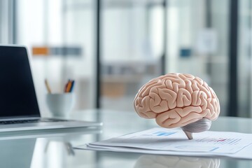 Abstract brain on a glass table with paperwork and laptop, modern workplace intelligence