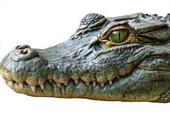 Obraz premium The Alligator's Gaze: The intimidating head of an alligator, with piercing green eyes, sharp teeth, and rugged skin, captures a sense of wild power and primal survival.