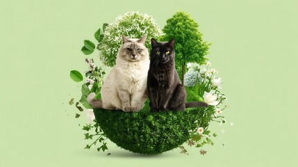 Two adorable cats one white and one black sitting together in a lush verdant sphere filled with greenery flowers and vines creating a serene and enchanting natural oasis