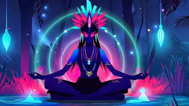 Spiritual Shamanic Woman Silhouette Dancing Under Neon Lights