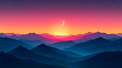 Obraz premium Crescent Moon Over Layered Mountains at Dusk