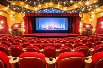 A luxurious cinema interior with comfortable red seating arrangements