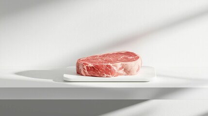 Fresh Raw Steak on White Plate Against Minimalist Background