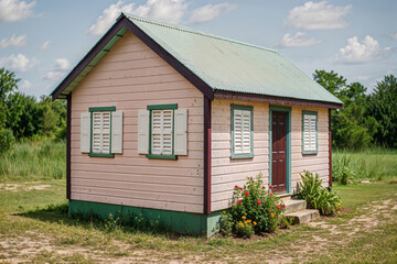 Small wooden countryside house with green roof and white shutters surrounded by grass and colorful blooming flowers