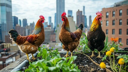 Urban Chickens Roaming on Rooftop Garden in Cityscape