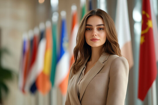 A beautiful professional female diplomat on a background with countries' flags
