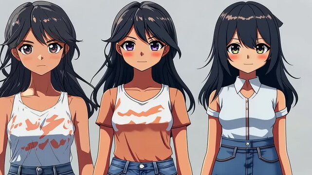Anime Girl Character Design Sheet: Multiple Poses and Expressions