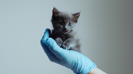 Adorable Kitten Being Held in a Gloved Hand