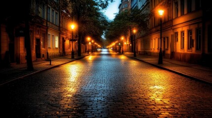 A serene, illuminated street at dusk, featuring cobblestones and glowing lampposts, surrounded by trees and buildings, creating a peaceful urban atmosphere.