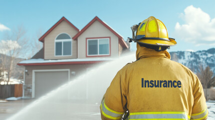 firefighter in protective gear sprays water on house, showcasing importance of safety and insurance during emergencies