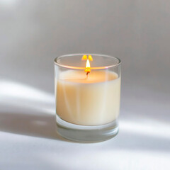 Lit white candle in a clear glass holder casting a soft glow on a white surface