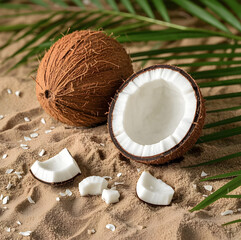 Top-down view of a coconut split in half, resting on a textured sandy background. Natural lighting highlights the rough shell and smooth white flesh. Simple and tropical