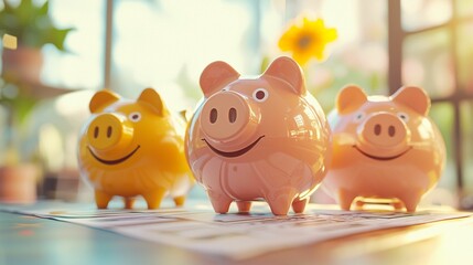 Obraz premium Colorful Piggy Banks on Table in Bright Room