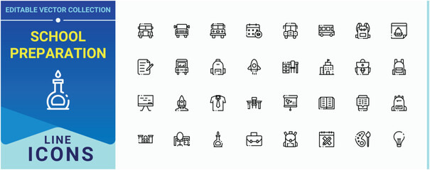 School Preparation modern icon set. Contains such icons as study, school, education, diploma, student and more. Back To School icon set. Thin outline icons pack. Editable stroke. Vector collection.