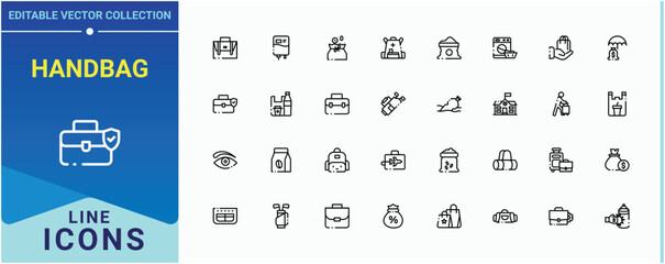 Handbag icon set. Contains such symbols as tote, shopping, luggage, shopping shop, market and more. Bag icon set in linear style. Thin linear style icons. Pixel perfect. Editable stroke.