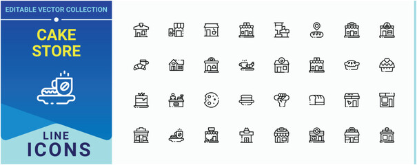 Cake Store linear icon. It contains symbols to pie, bake, baker, cook, bakery, croissant. Bakery Shop icon pack. Line symbol and sign. Editable stroke. Vector collection.