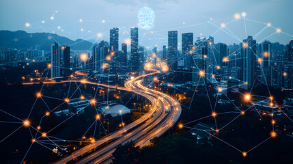 Fototapeta premium Aerial View Of Illuminated City At Night With Highway And Abstract Network