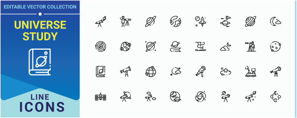 Universe Study icon set. Contains related to universe, planet, cosmos, asteroid, space and more. Astronomy linear icon. Minimal icons collection. Editable vector.