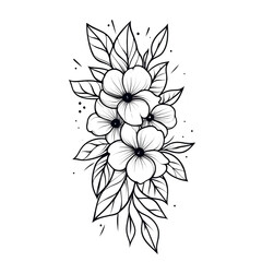 detailed black and white floral illustration features cluster of blooming flowers surrounded by leaves, showcasing intricate linework and artistic shading