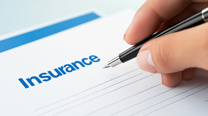 Hand holding pen signing contract with insurance details, symbolizing commitment and security