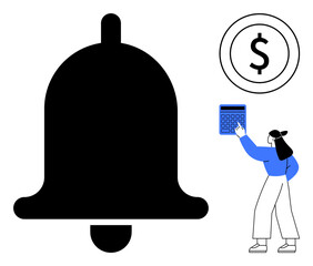 Large bell, dollar sign, and person interacting with a calculator. Ideal for finance, budgeting, alerts, savings, notifications expense tracking and accounting. Flat simple metaphor