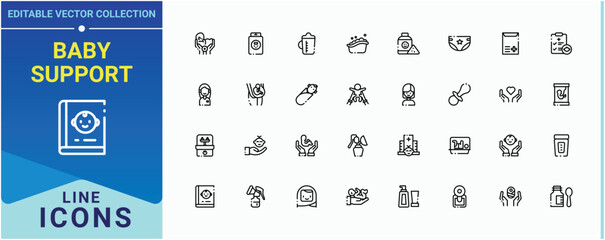 Baby Support simple icon set. Contains related to kid, newborn, baby, child and more. Babies Care icon set. Minimal icons collection. Editable stroke collections.