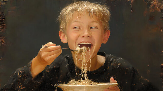 Boy slurping noodles wide grin broth splashed
