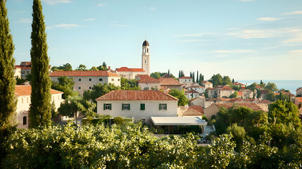 Fototapeta premium Picturesque Mediterranean Village With Red Roofs And Tower