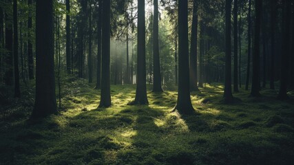 Obraz premium Sunlight filters through tall trees in a dark, lush forest landscape.