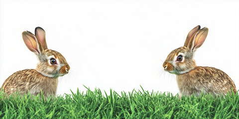 Obraz premium rabbits on green grass with white background, perfect for spring-themed designs, easter greeting cards, children's book illustrations, or pet-related advertisements