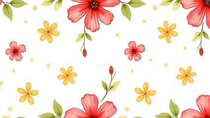 Vibrant floral pattern with red and yellow flowers delicate watercolor style soft background