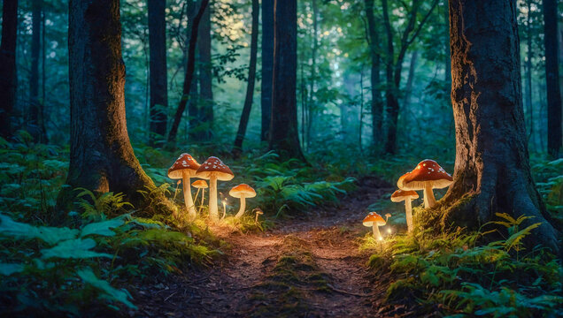 Enchanted forest path with glowing mushrooms and mystical light.