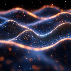 Abstract Digital Waves: Glowing Particles in Cosmic Dark Blue and Orange