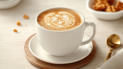 Obraz premium A steaming cup of coffee with a beautiful swirl pattern on top, set on a wooden coaster, evoking warmth and comfort