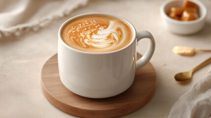 A steaming cup of coffee with a beautiful swirl pattern on top, set on a wooden coaster, evoking warmth and comfort