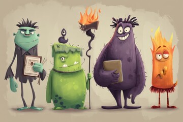 Four friendly monsters, each with a unique personality.