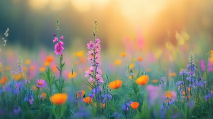 Fototapeta premium A vibrant field of wildflowers in various colors, bathed in soft sunlight, creating a dreamy and serene atmosphere.