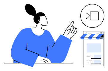 Woman interacts with digital interface highlighting video content and streaming platform. Ideal for media sharing, online learning, social media, digital advertising, e-commerce, content creation